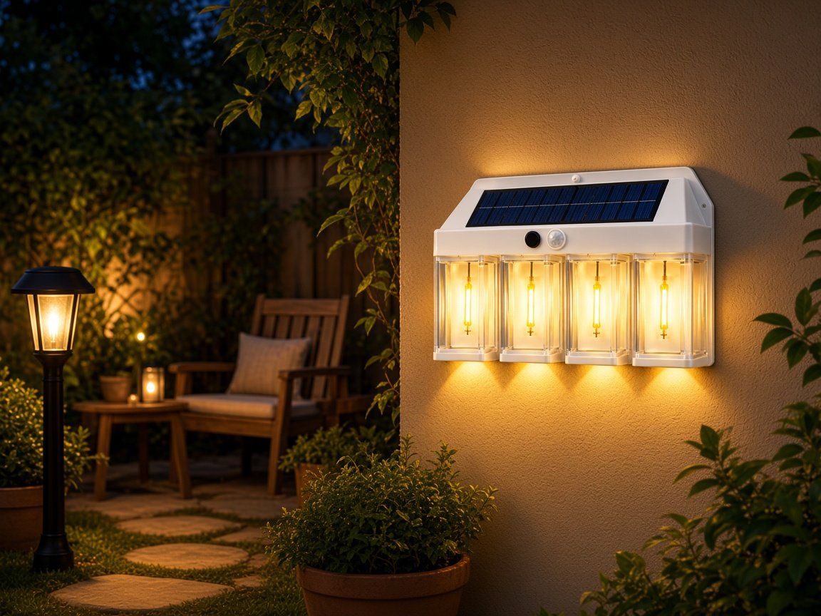 Solar lights along a patio at dusk